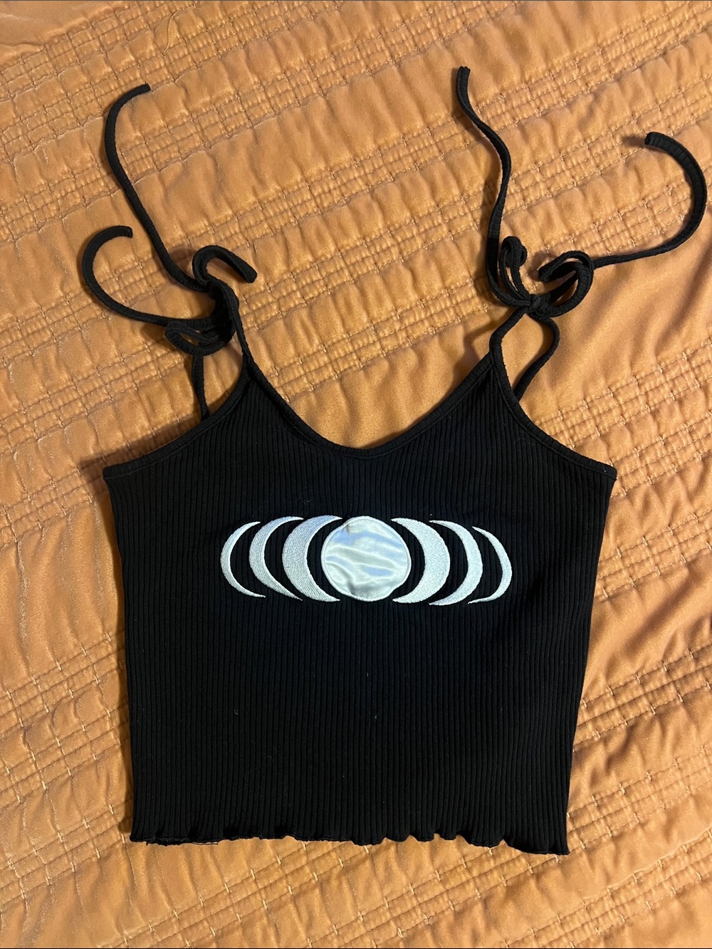 EARTHBOUND Black Ribbed Moon Phase Tie-Strap Crop Tank 🌝